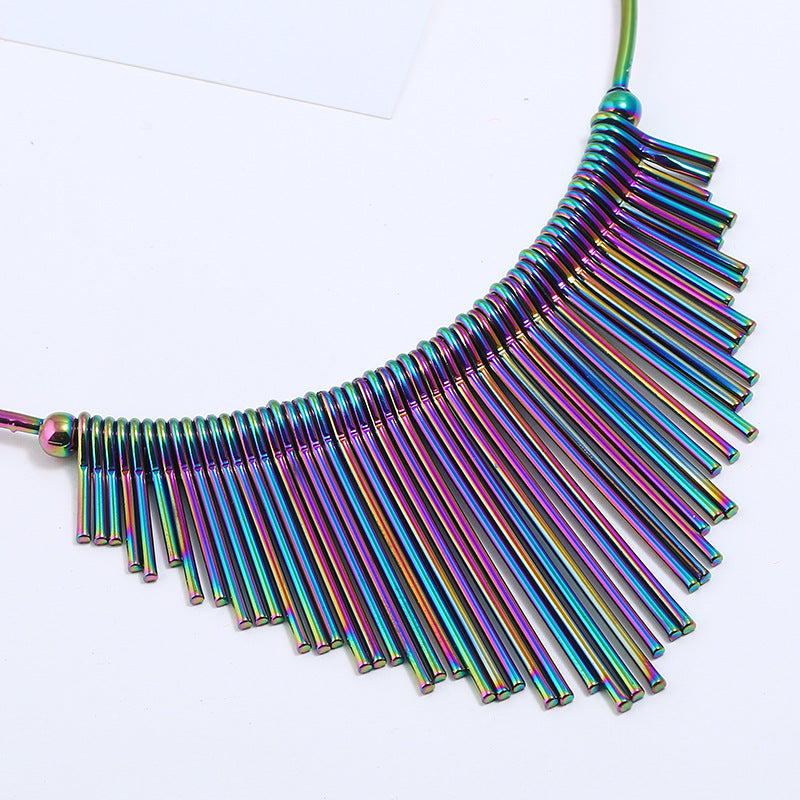 Wholesale  long tassel metal collar clavicle chain fan-shaped colorful short necklace trend punk style